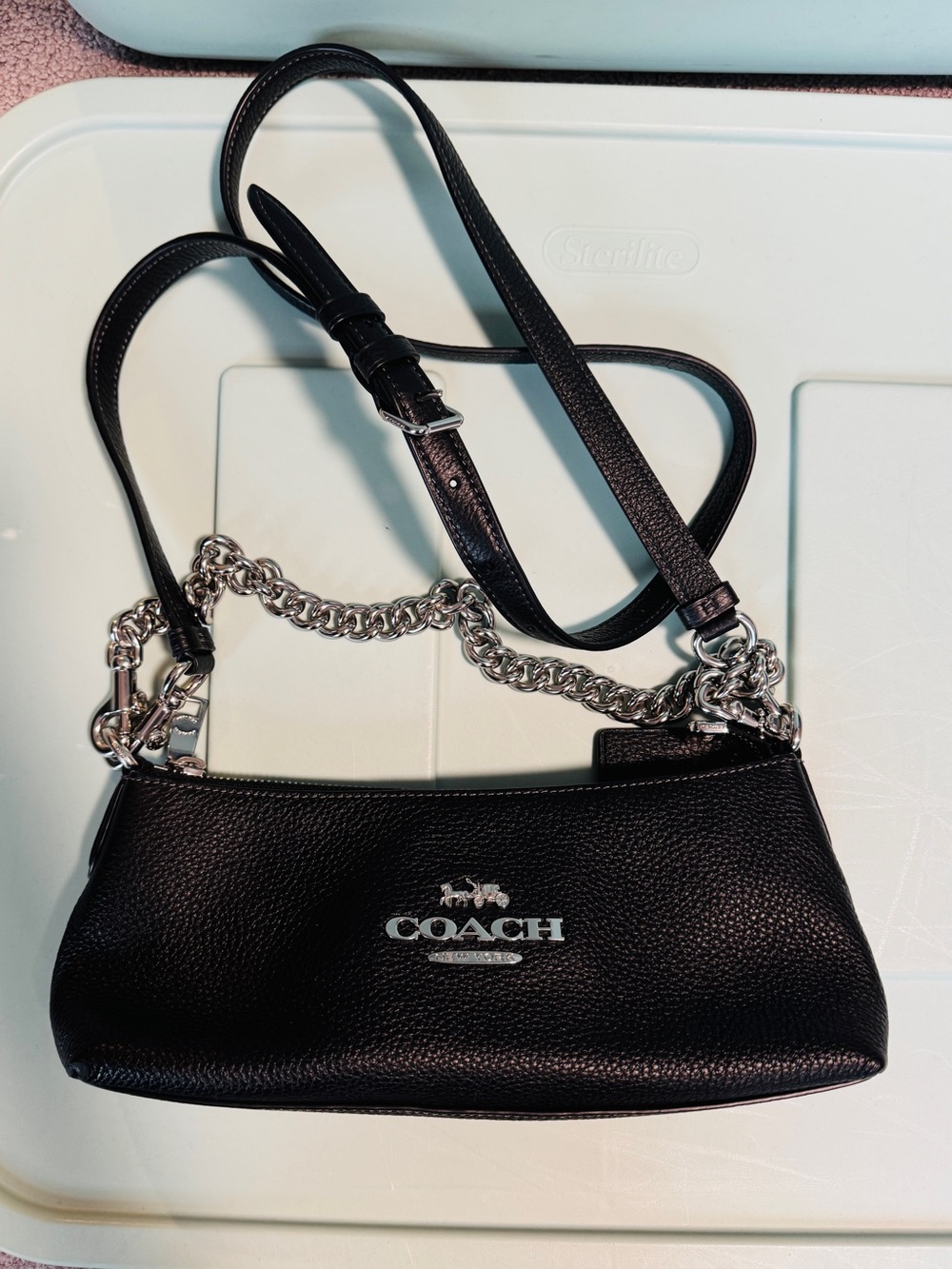 Coach Black Pebbled Leather Mini Shoulder Bag with Silver Chain
NWOT - Picture 2 of 7